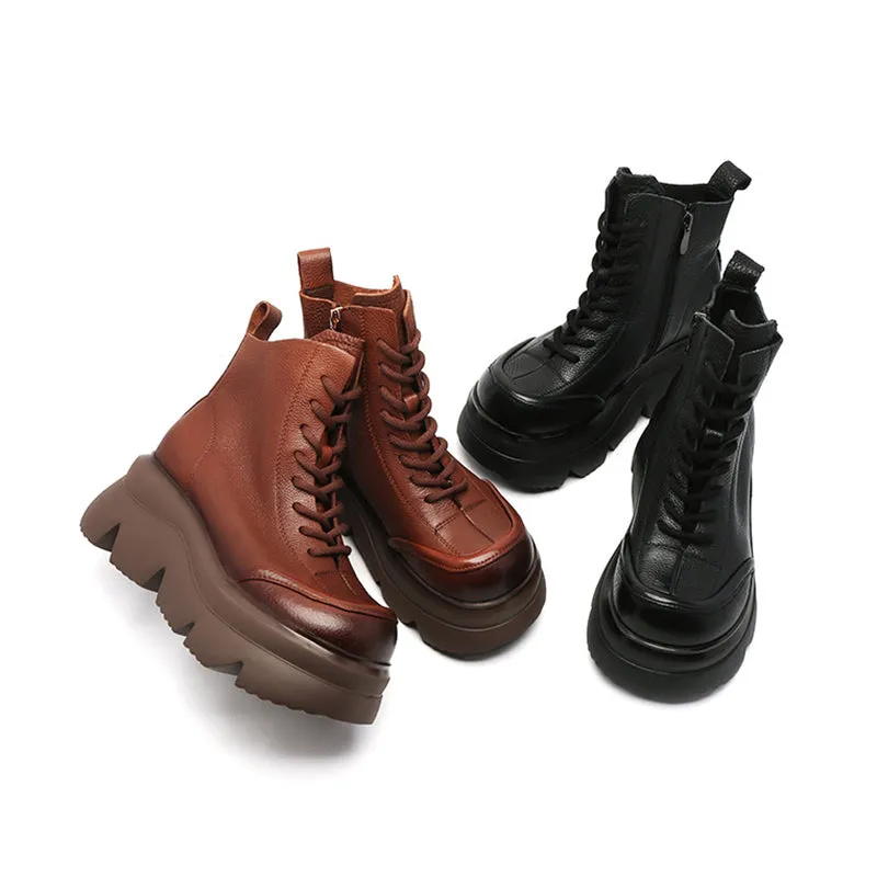 65mm Platform Chunky Boots Lace up Leather Martin Boots Handmade Boots in Brown/Black