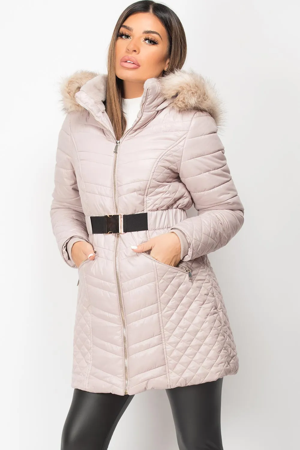 Beige Faux Fur Hooded Padded Coat With Belt