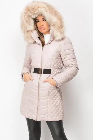 Beige Faux Fur Hooded Padded Coat With Belt