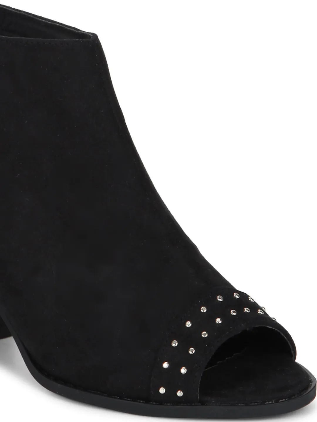 Black Microfibre Studded Back Strap Peep Toe Block Heels