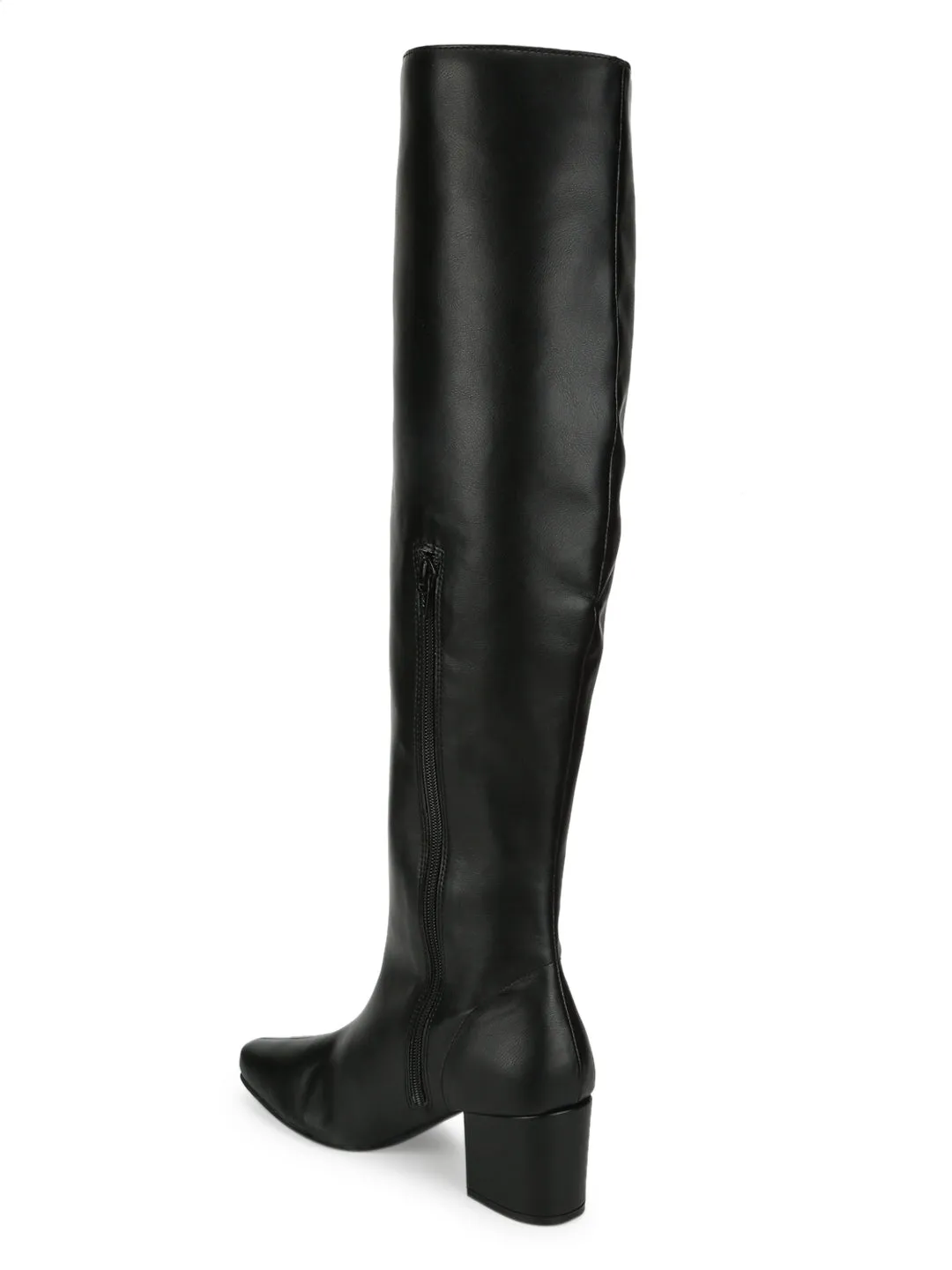 Black PU Block Heel Knee High Boots