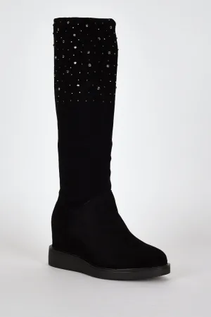 Black Suedette Diamante Detail Hidden Wedge Boots