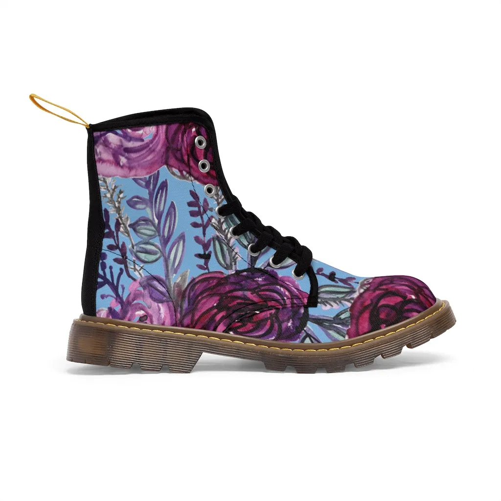 Blue Purple Floral Women's Boots, Vintage Style Designer Flower Print Hiking Boots For Ladies