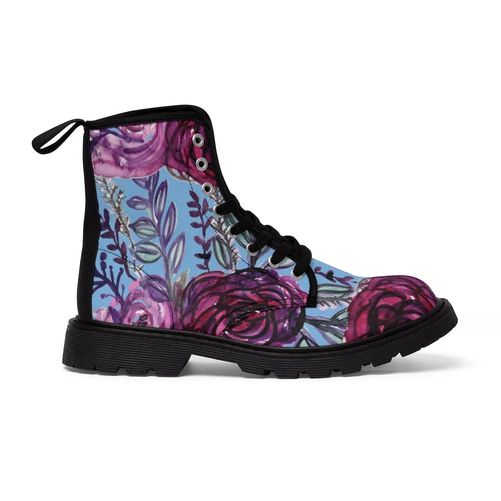 Blue Purple Floral Women's Boots, Vintage Style Designer Flower Print Hiking Boots For Ladies