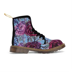 Blue Purple Floral Women's Boots, Vintage Style Designer Flower Print Hiking Boots For Ladies