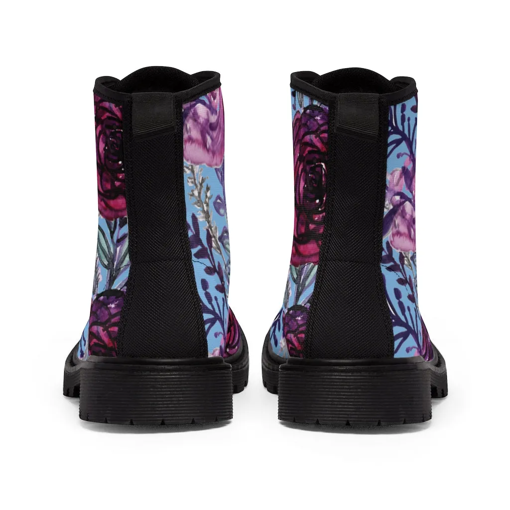 Blue Purple Floral Women's Boots, Vintage Style Designer Flower Print Hiking Boots For Ladies