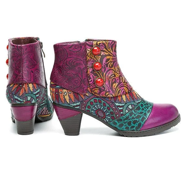 Boho Splicing Pattern Button Zipper Ankle Leather Boots