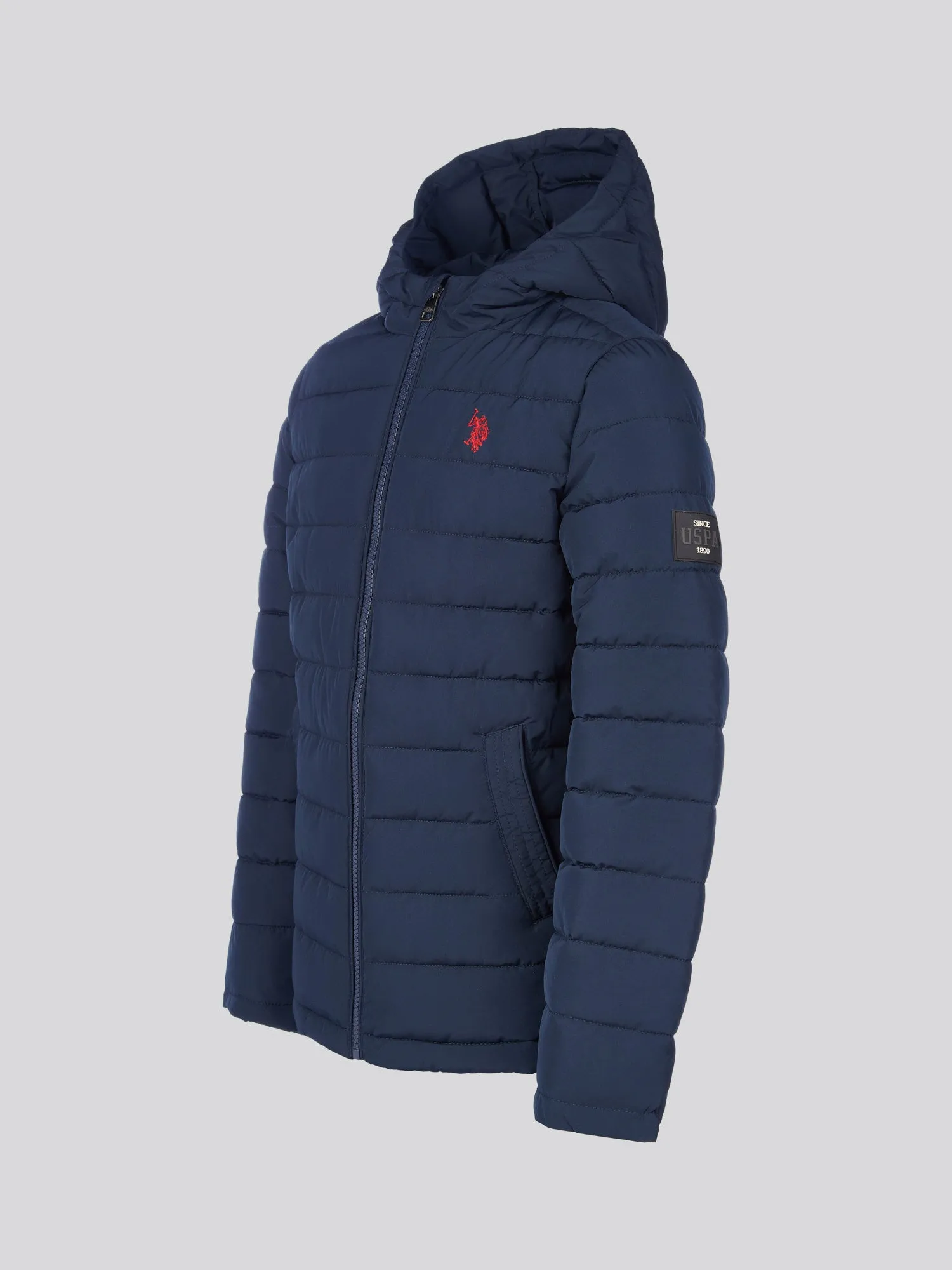 Boys Lightweight Quilt Hooded Puffer Jacket in Dark Sapphire Navy / Haute Red DHM