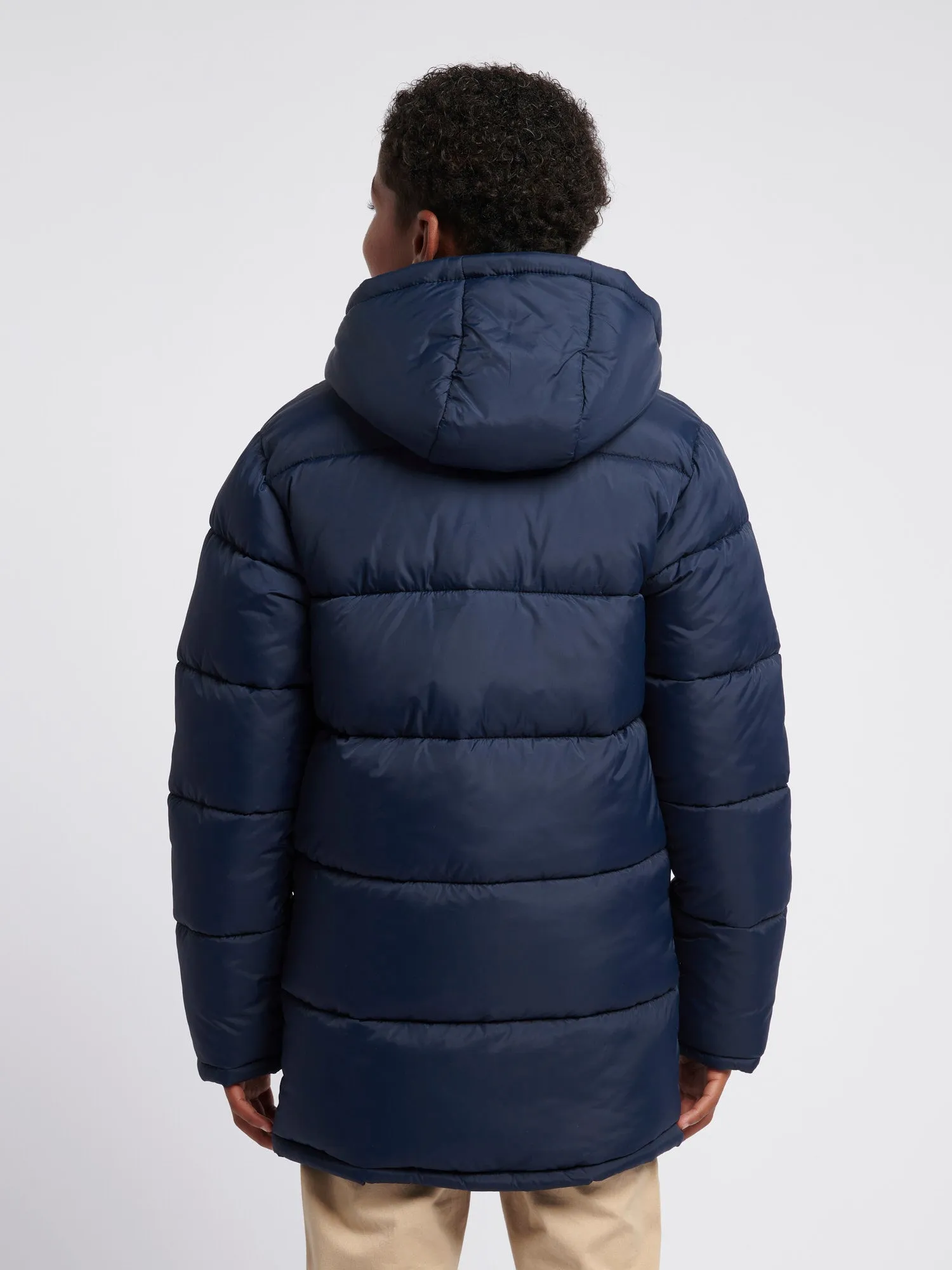 Boys Longline Puffer Jacket in Dark Sapphire Navy / Haute Red DHM