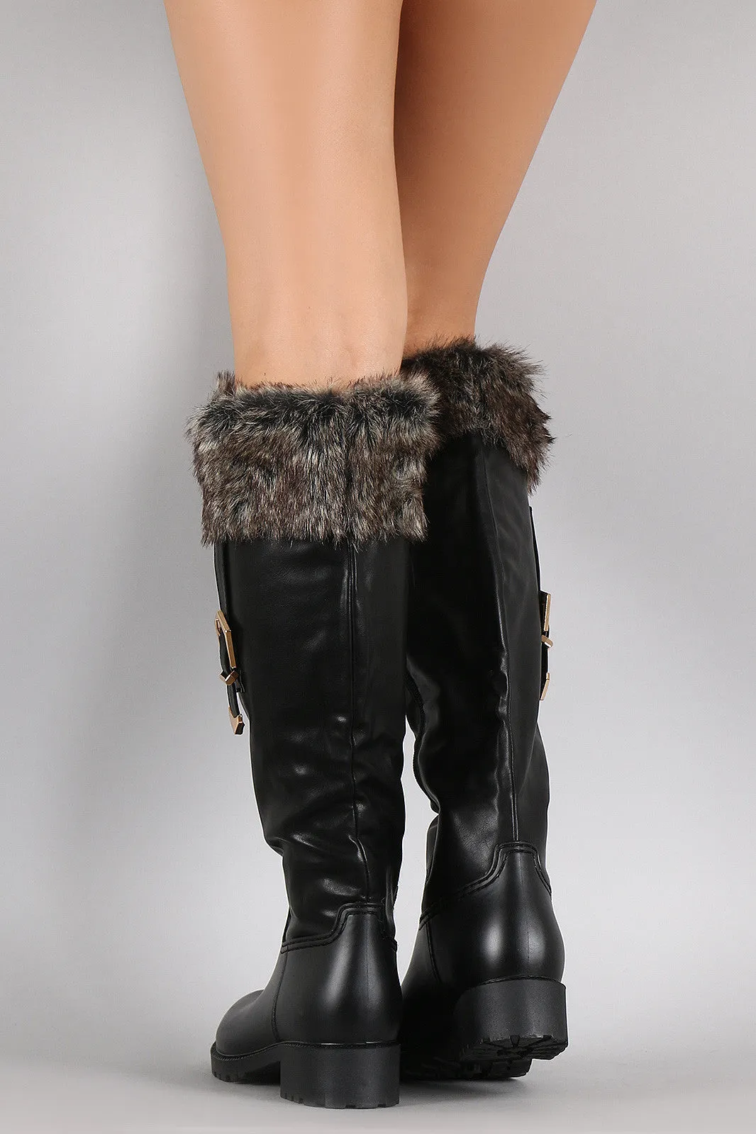 Buckled Faux Fur Cuff Knee High Rain Boots