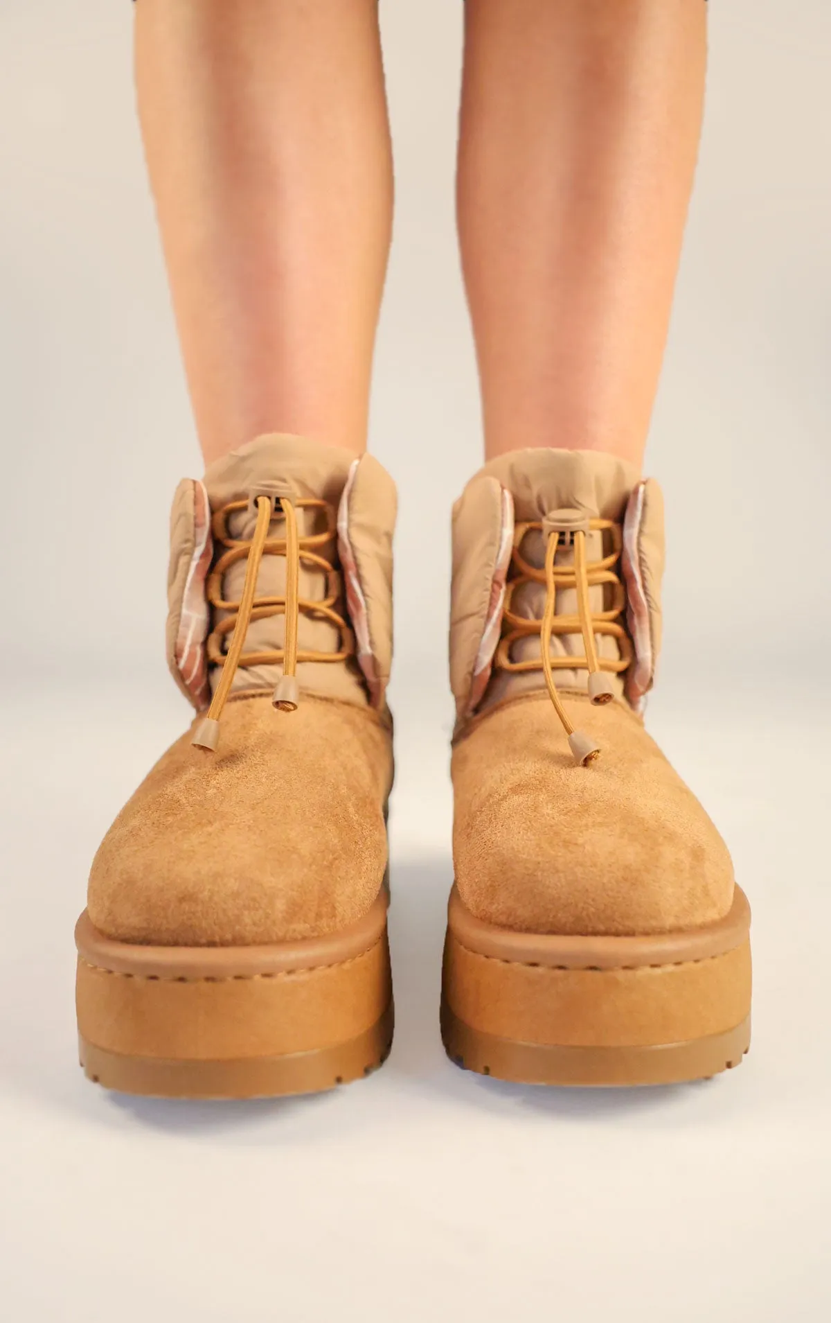 Camel Faux Suede Platform Lace Up Ankle Boots