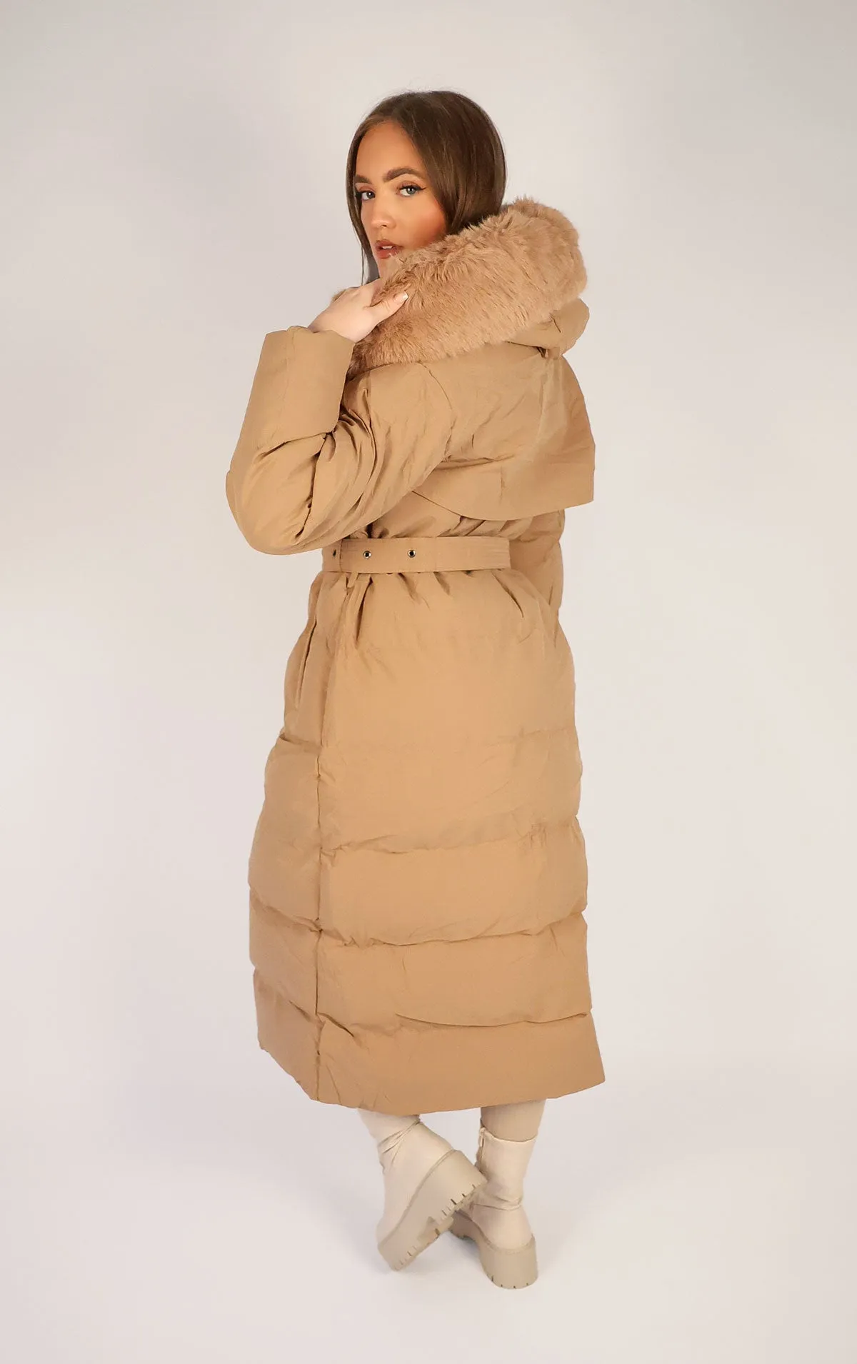 Camel Long Puffer Duvet Coat With Belt and Fur Hood