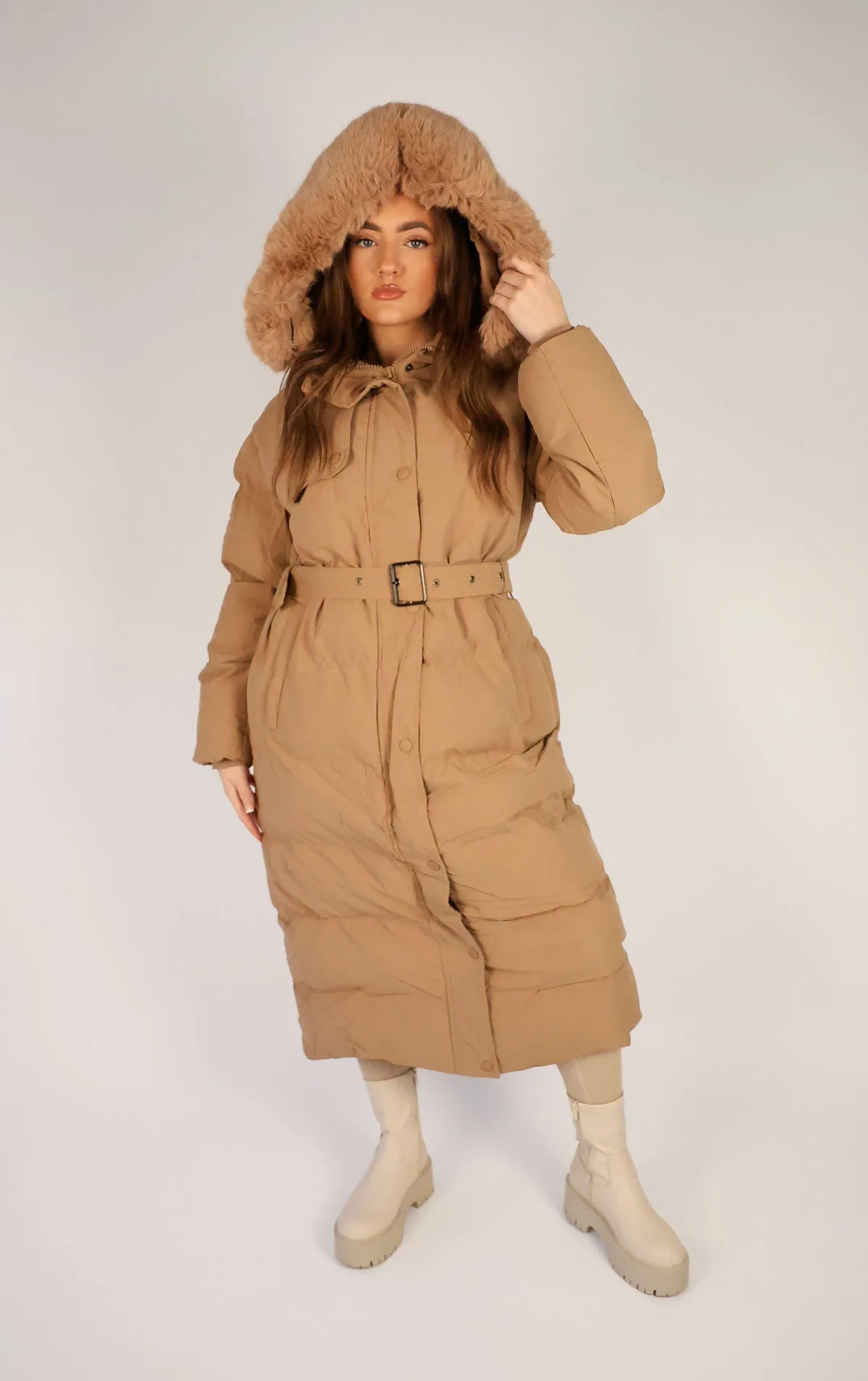 Camel Long Puffer Duvet Coat With Belt and Fur Hood