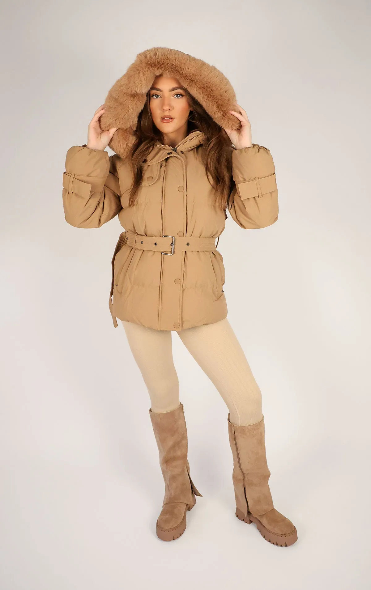 Camel Puffer Coat With Faux Fur Trim Hood and Waist Belt