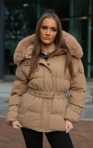 Camel Puffer Coat With Faux Fur Trim Hood and Waist Belt