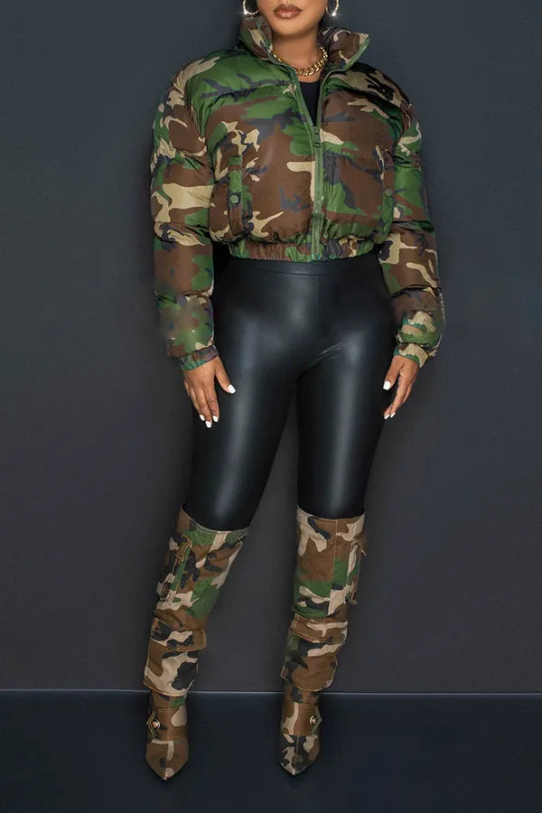 Camo Zipper Elastic Waistband Jacket