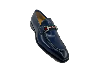 Carrucci blue calfskin leather men's slip on dress shoes red and green strip