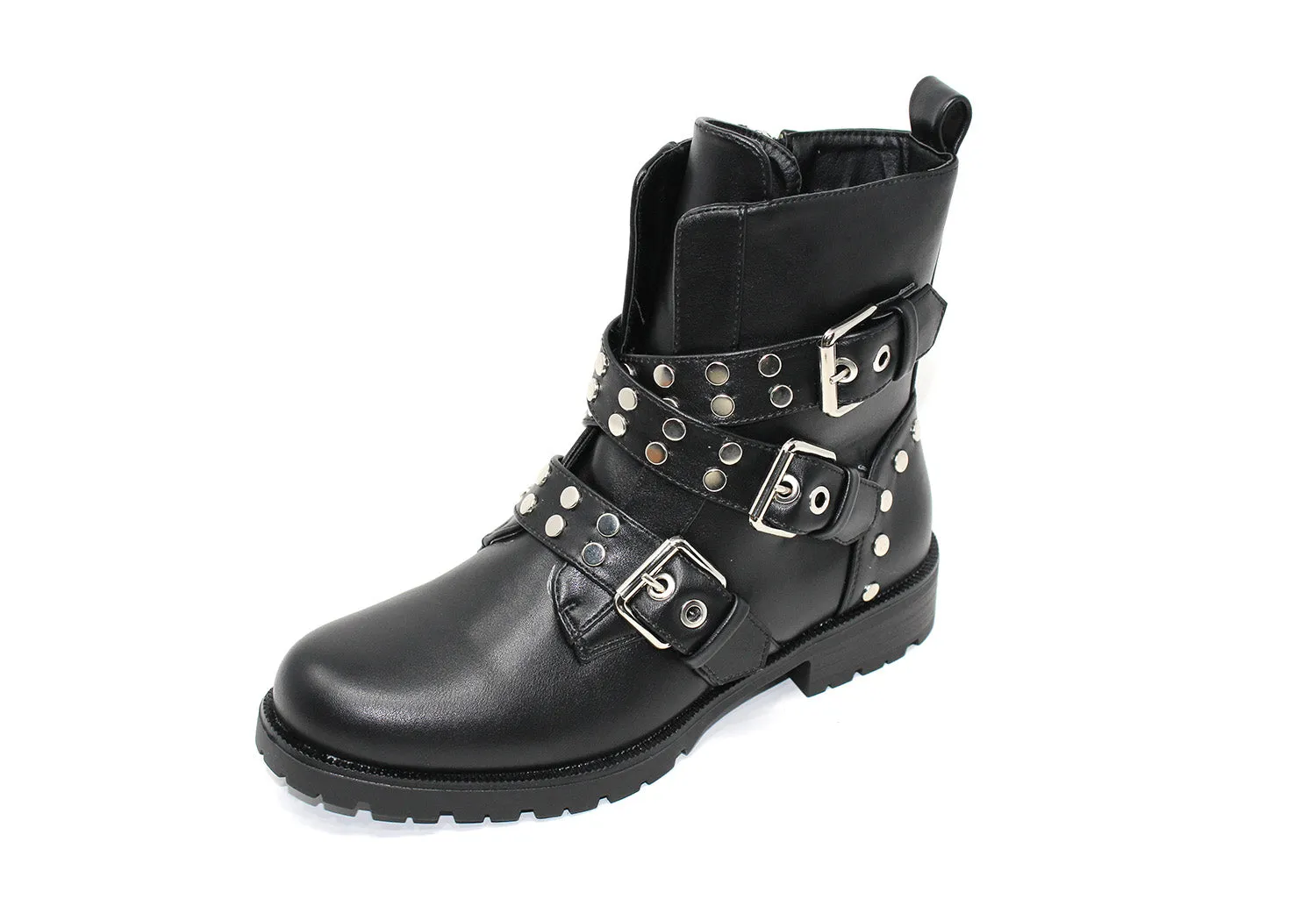 Chunky Studded Boot With Strap Detail In Black