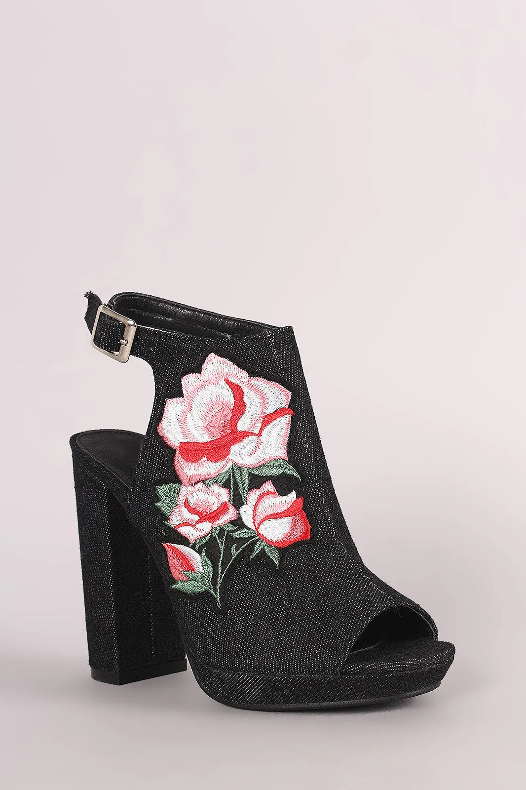 Denim Floral Applique Peep Toe Mule Chunky Heel