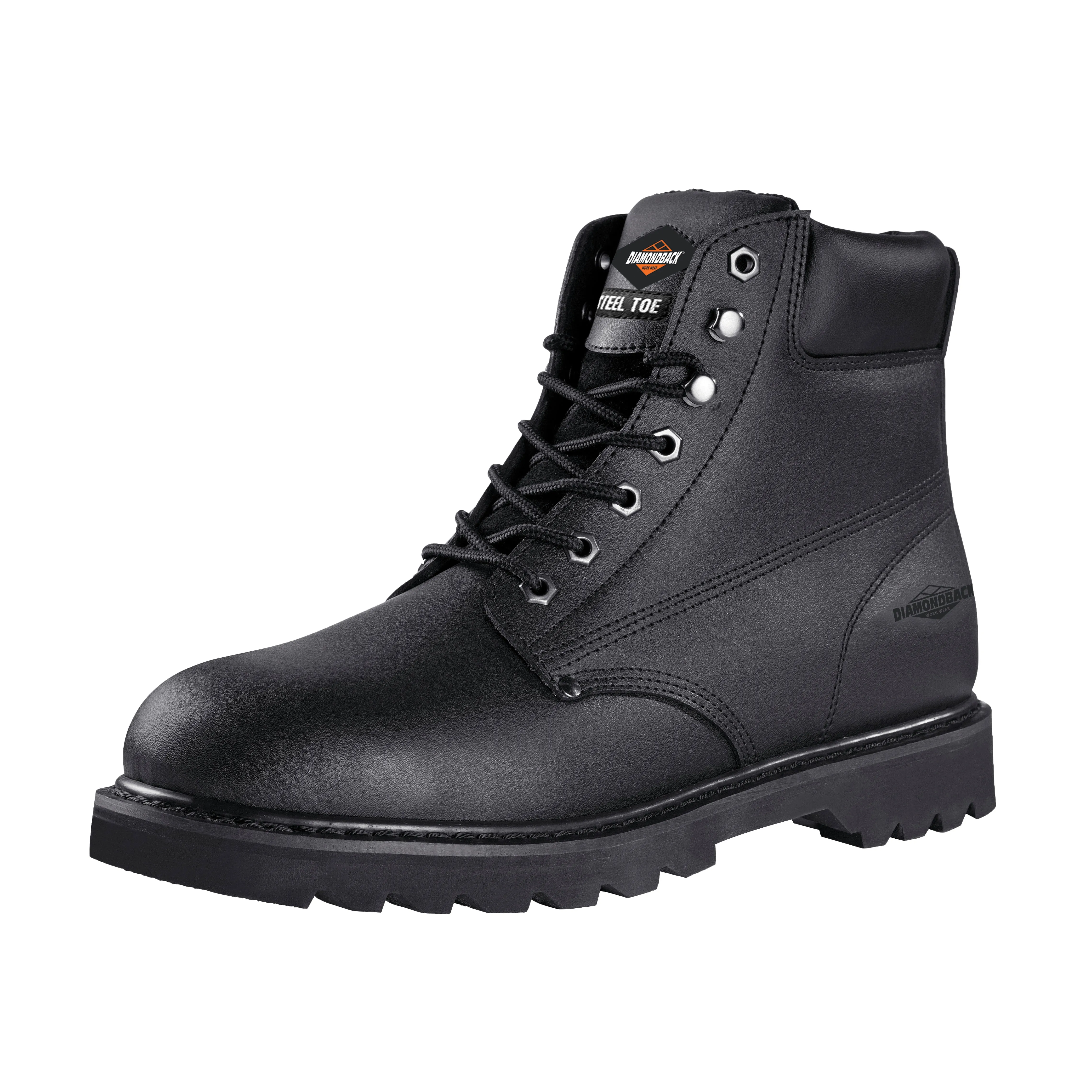 Diamondback Work Boots, 8.5, Medium W, Black, Leather Upper, Lace-Up, Steel Toe, With Lining