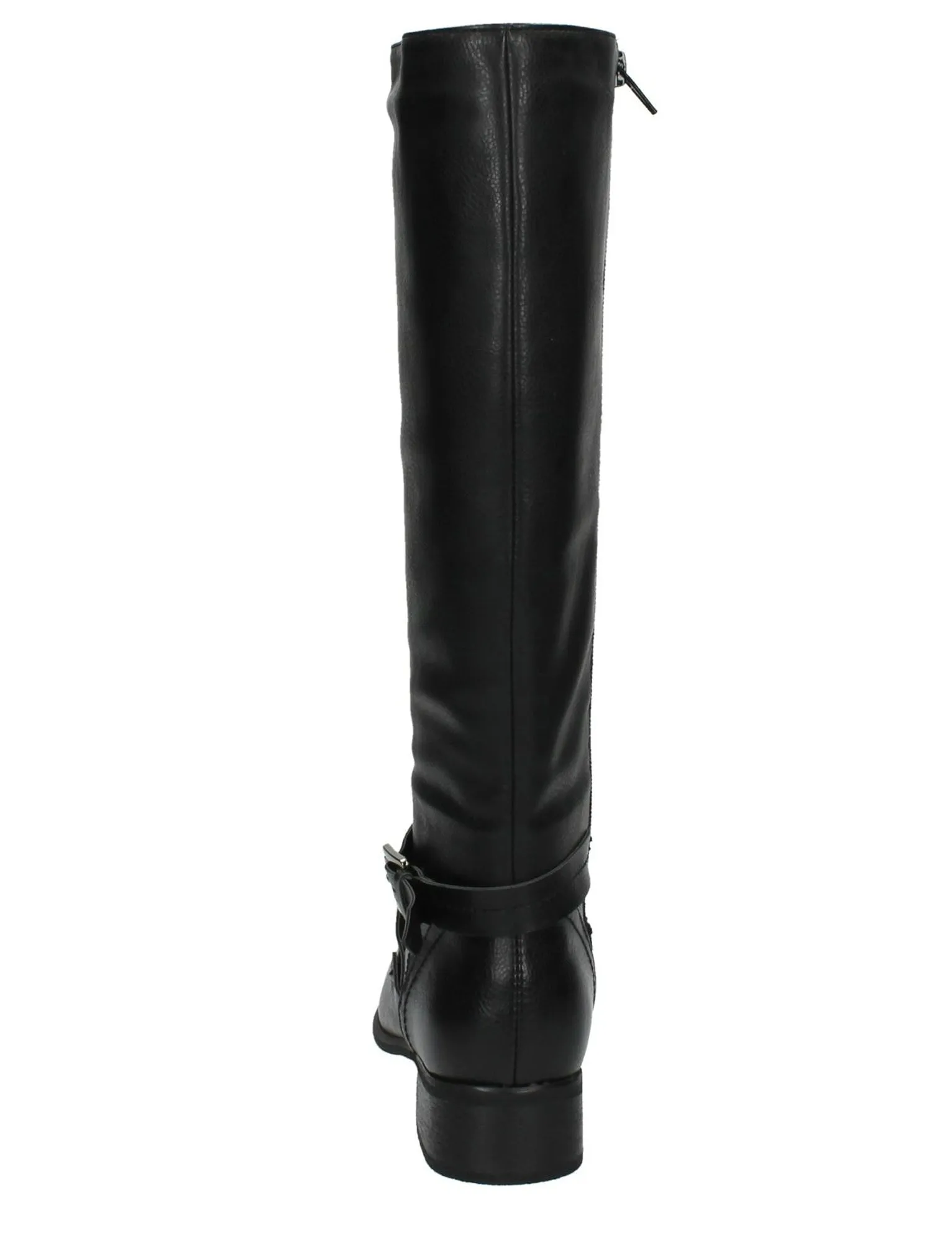 Erin Faux Leather Knee High Boots with Buckle Strap in Black