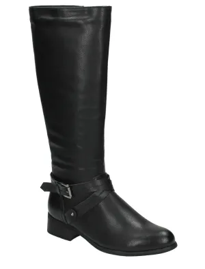 Erin Faux Leather Knee High Boots with Buckle Strap in Black