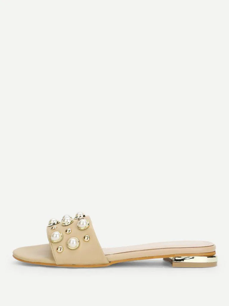 Faux Pearl & Studded Flat Slides