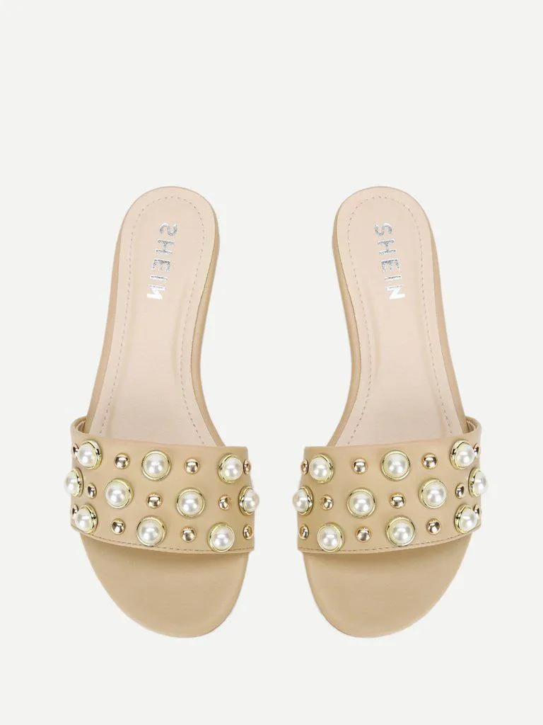 Faux Pearl & Studded Flat Slides