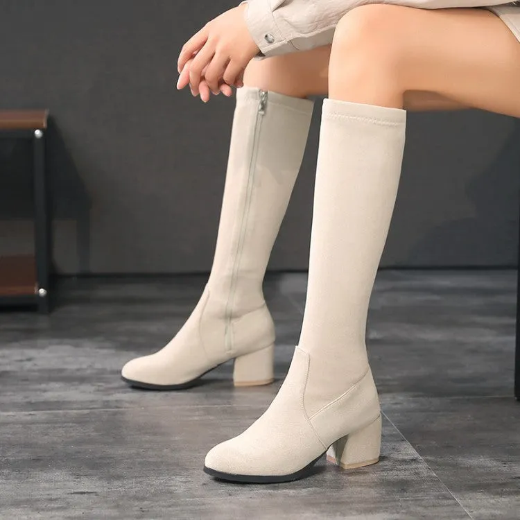 Faux suede chunky block heels under the knee knight boots side zip