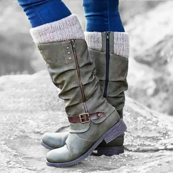 HOT SALE 45% OFF🔥Women’s Leather Flat Heel Wide Mid-Calf Zipper Boots