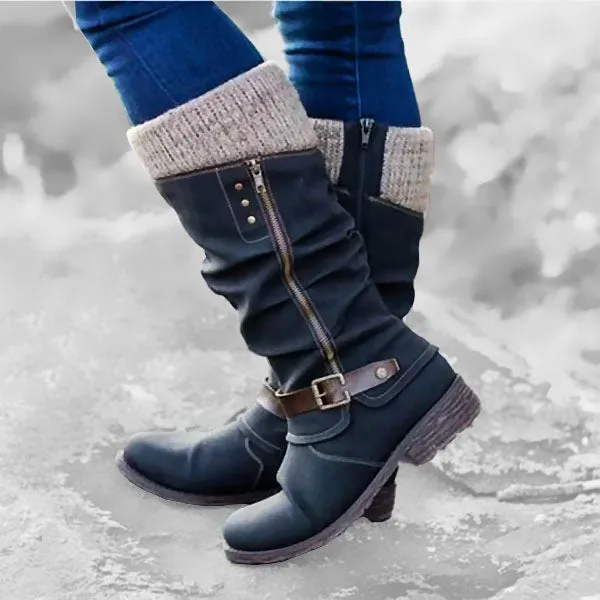 HOT SALE 45% OFF🔥Women’s Leather Flat Heel Wide Mid-Calf Zipper Boots