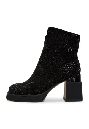 Leather Block Heels Ankle Boots - Black