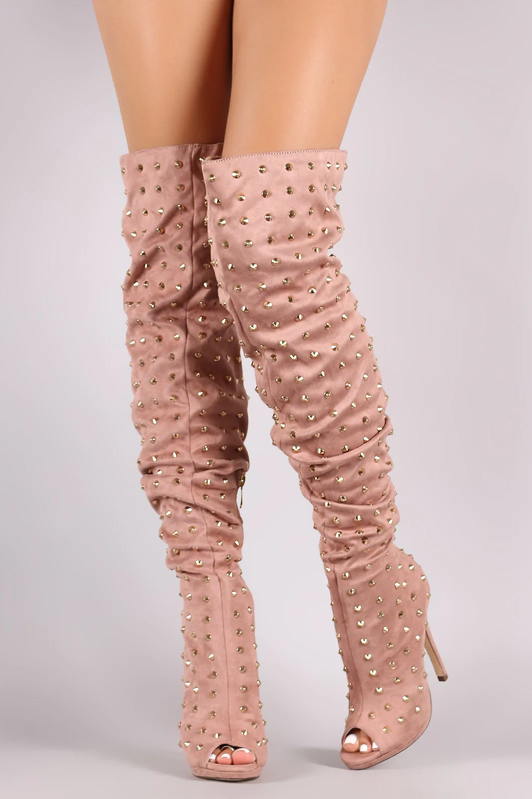 Liliana Studded Spike Suede Slouchy Over-The-Knee Boots