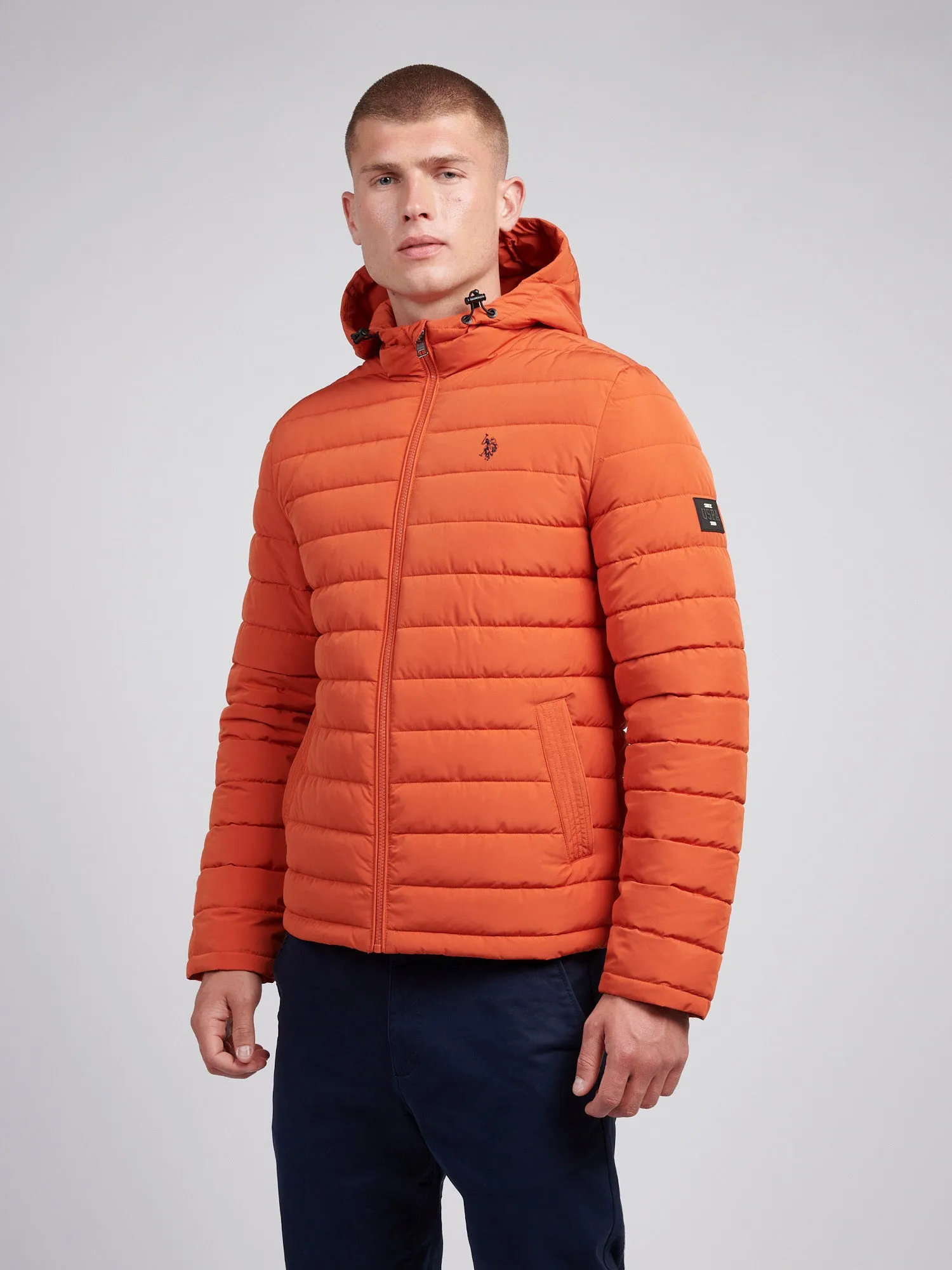 Mens Lightweight Quilt Hooded Puffer Jacket in Burnt Ochre