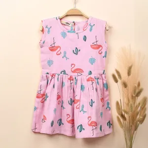 Organic Cotton Muslin Sleevless Frock Dress For Baby Girl |  Flamingo Printed | Pink