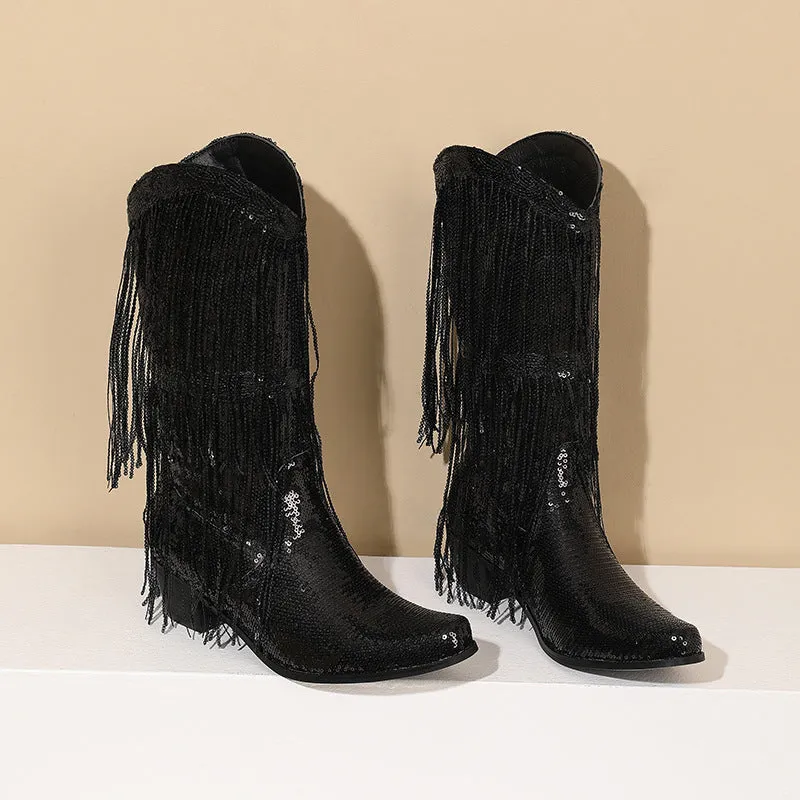 Pre Order:  Curved Toe Sequin Tassel Mid-Calf Cowboy Boots