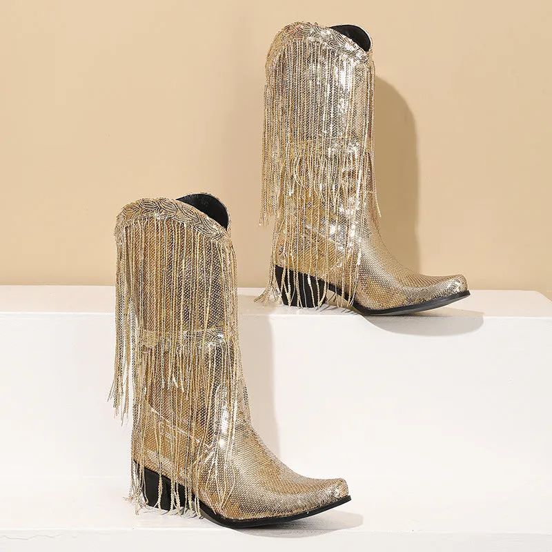 Pre Order:  Curved Toe Sequin Tassel Mid-Calf Cowboy Boots