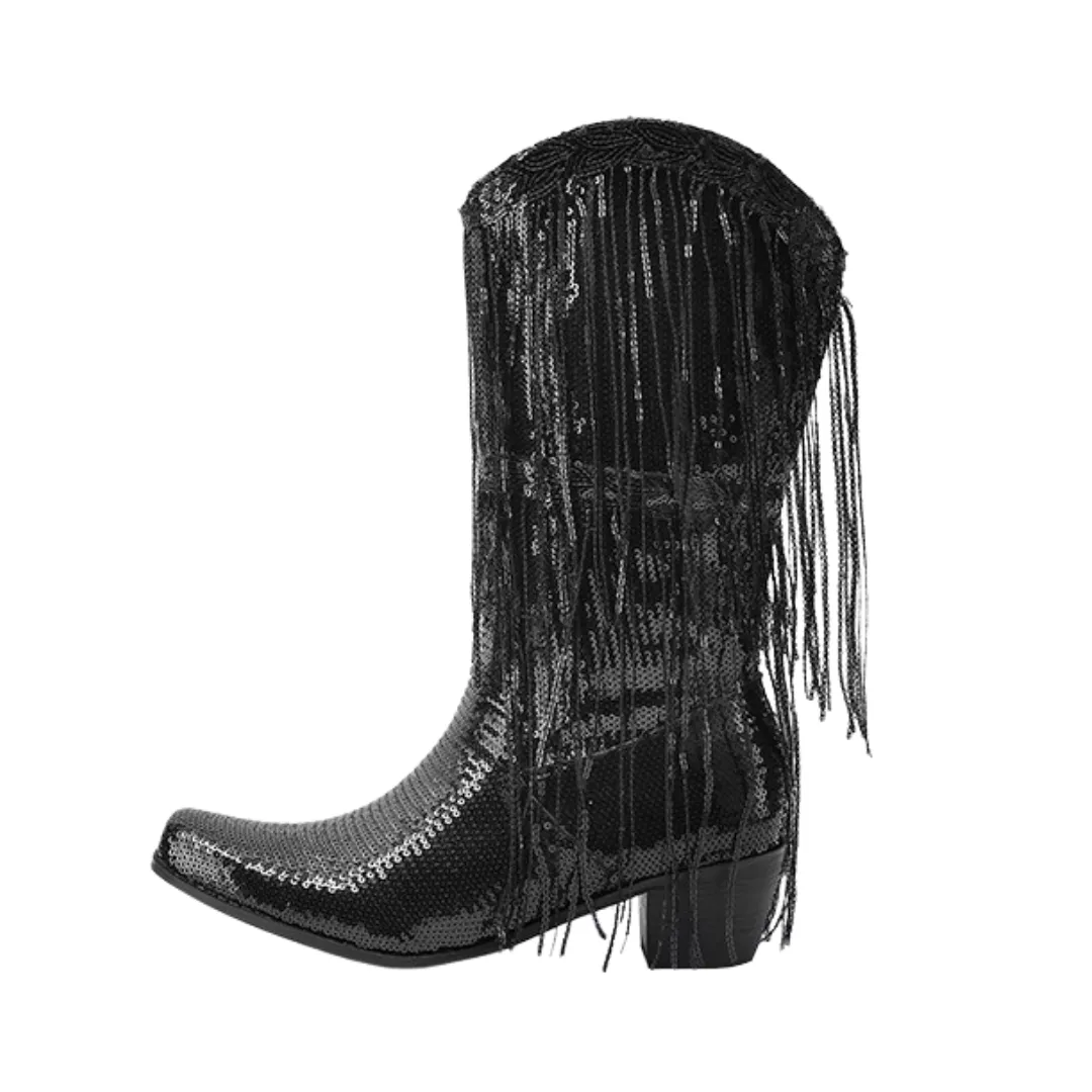 Pre Order:  Curved Toe Sequin Tassel Mid-Calf Cowboy Boots