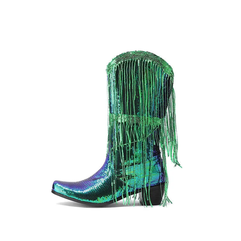 Pre Order:  Curved Toe Sequin Tassel Mid-Calf Cowboy Boots