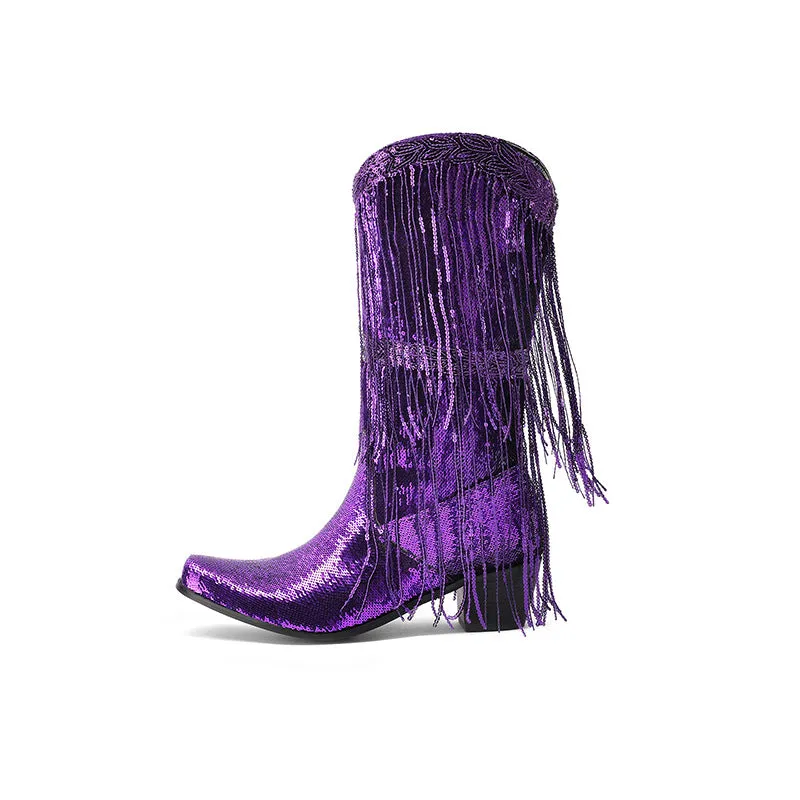 Pre Order:  Curved Toe Sequin Tassel Mid-Calf Cowboy Boots