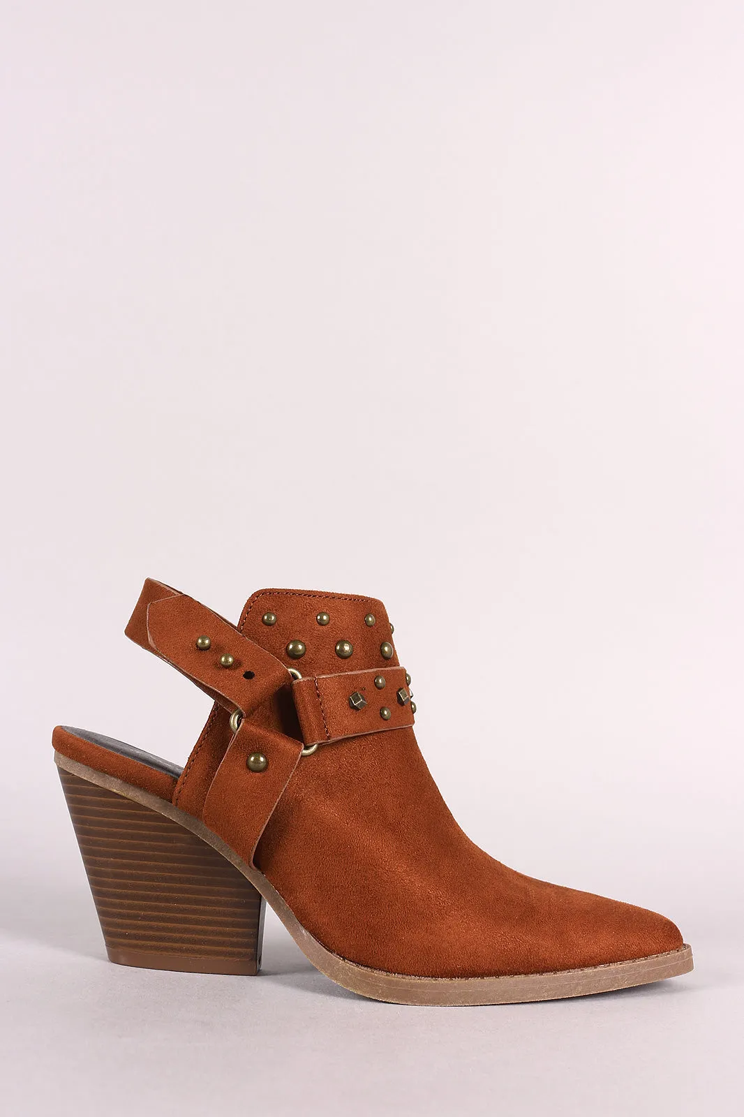 Qupid Pointy-Toe Studded Slingback Stack Chunky Heel Booties