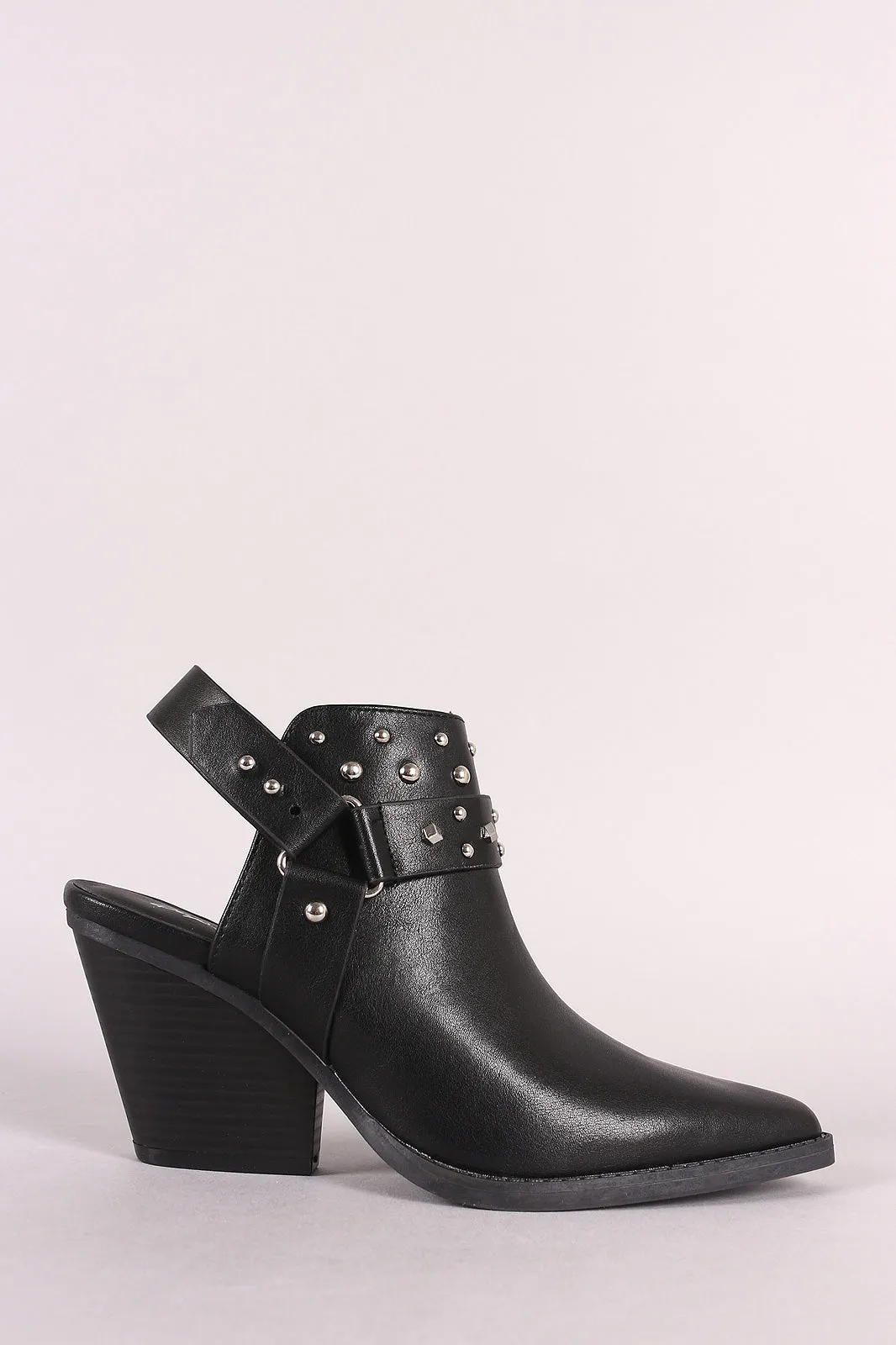 Qupid Pointy-Toe Studded Slingback Stack Chunky Heel Booties