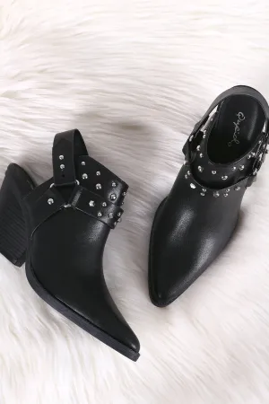 Qupid Pointy-Toe Studded Slingback Stack Chunky Heel Booties