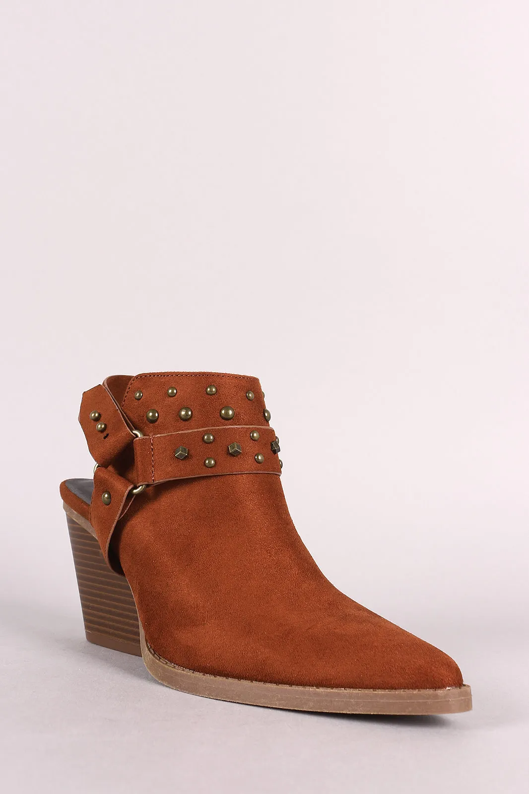 Qupid Pointy-Toe Studded Slingback Stack Chunky Heel Booties