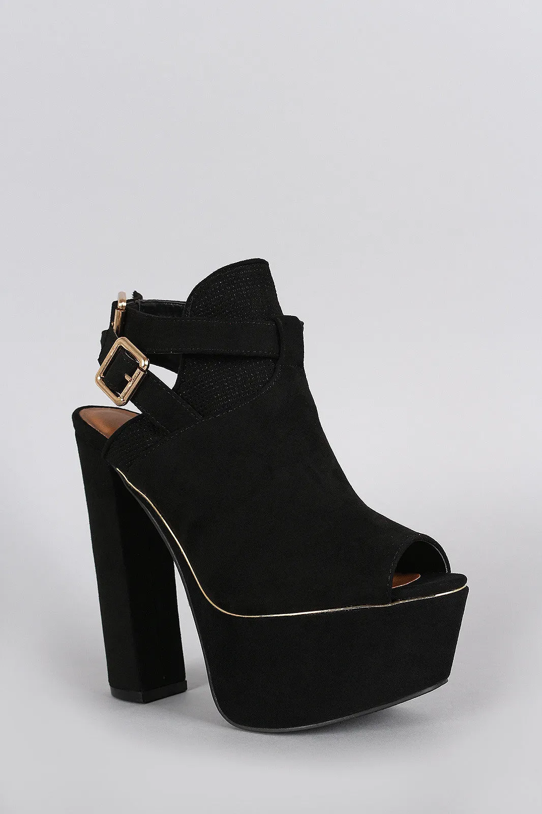 Qupid Suede Peep Toe Buckled Slingback Mule Heel