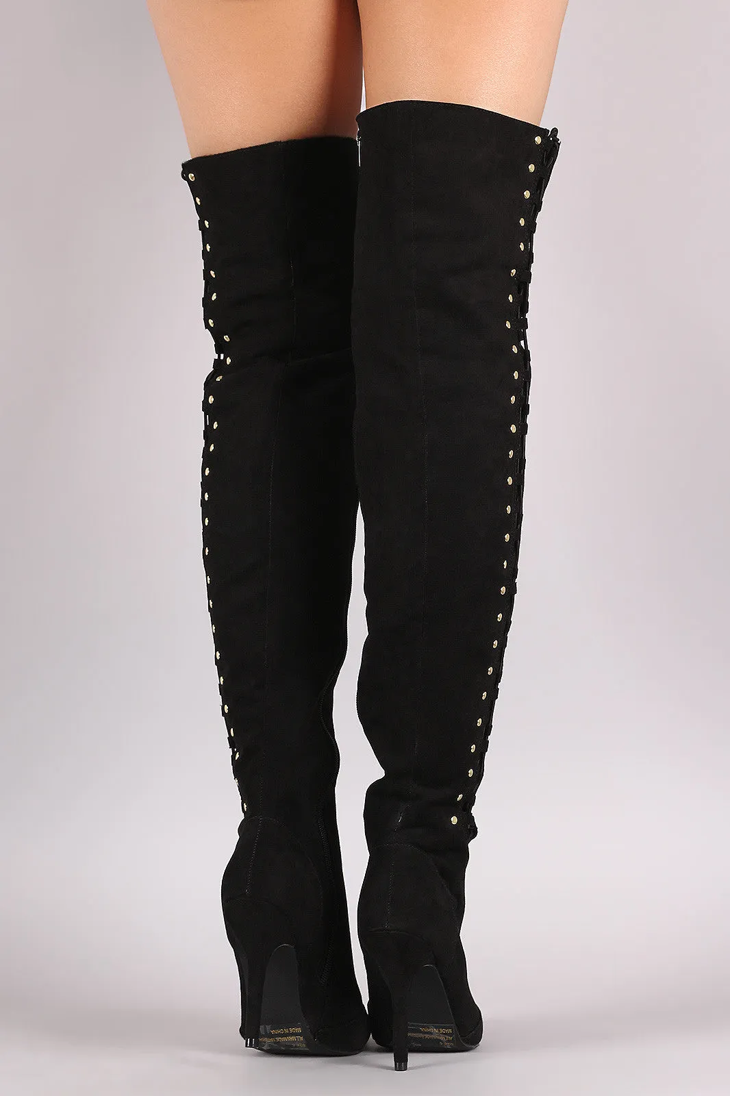 Qupid Suede Studded Lace Up Over-The-Knee Stiletto Boots