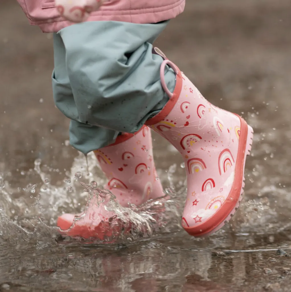 Size 8.5: Jan & Jul PINK RAINBOW Puddle Dry Loop Handle Rain Boots NEW