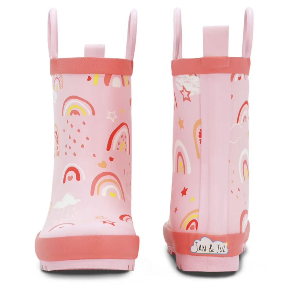 Size 8.5: Jan & Jul PINK RAINBOW Puddle Dry Loop Handle Rain Boots NEW