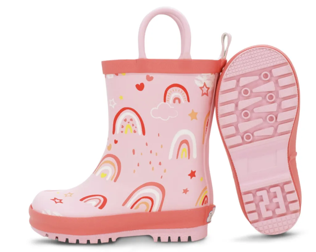 Size 8.5: Jan & Jul PINK RAINBOW Puddle Dry Loop Handle Rain Boots NEW