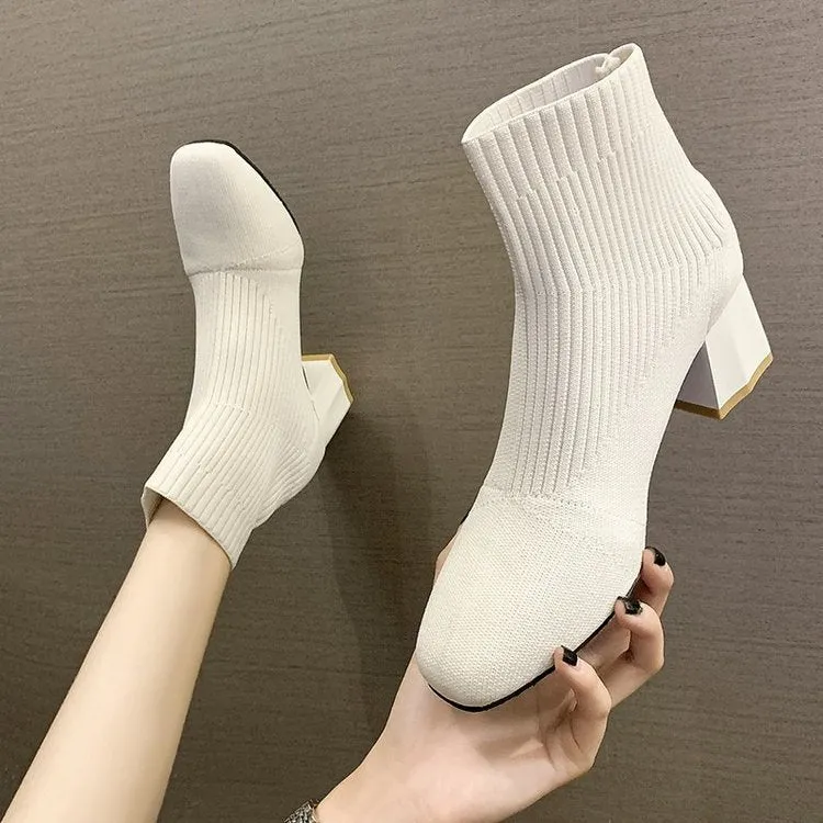 Square Toe Sleeve Boots Thick Heel Flying Knit